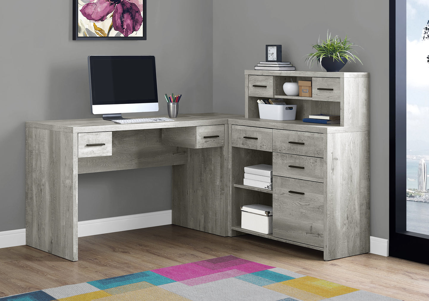 59" Gray L Shape Computer Desk With Eight Drawers