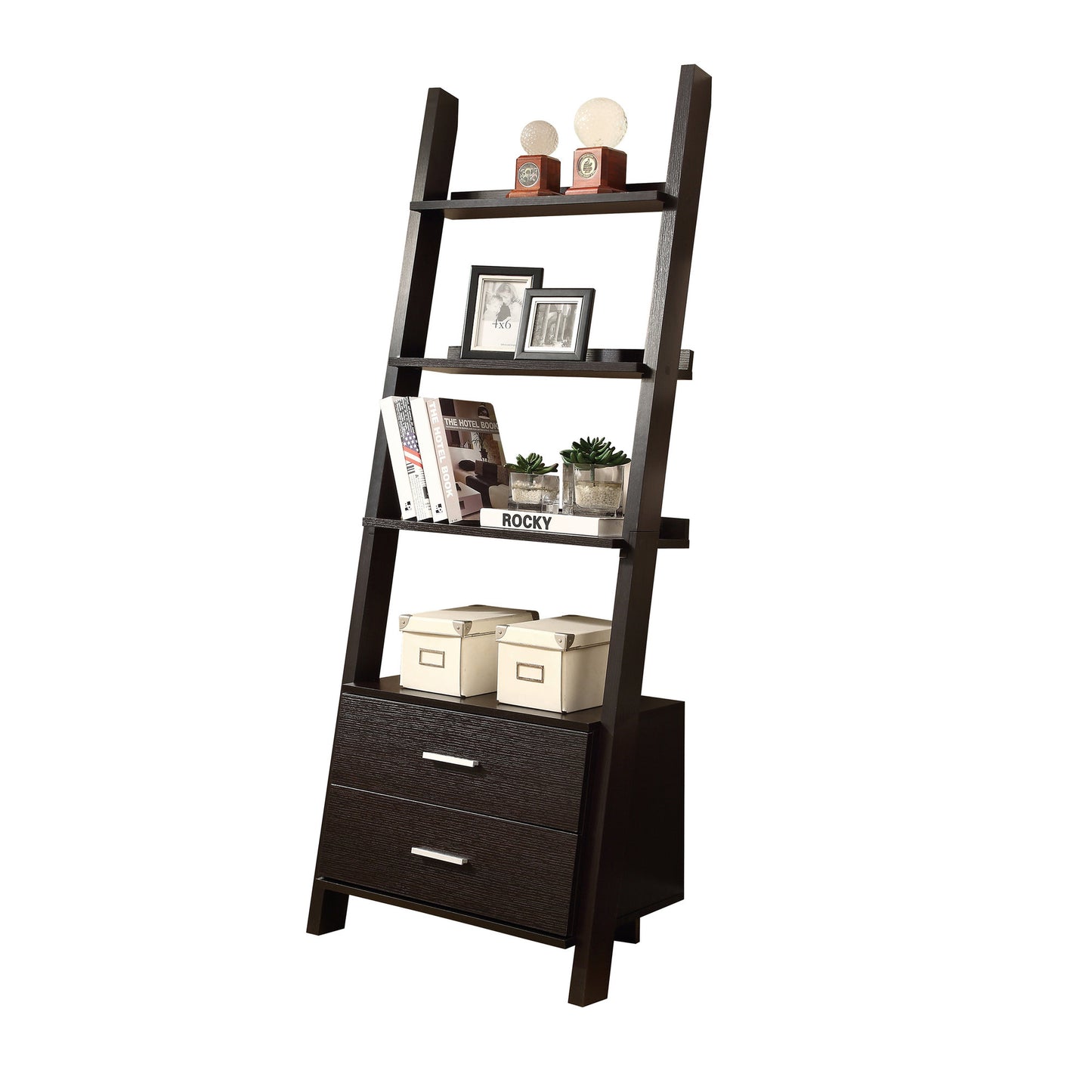 69" Cappuccino Wood Ladder Bookcase With Two drawers