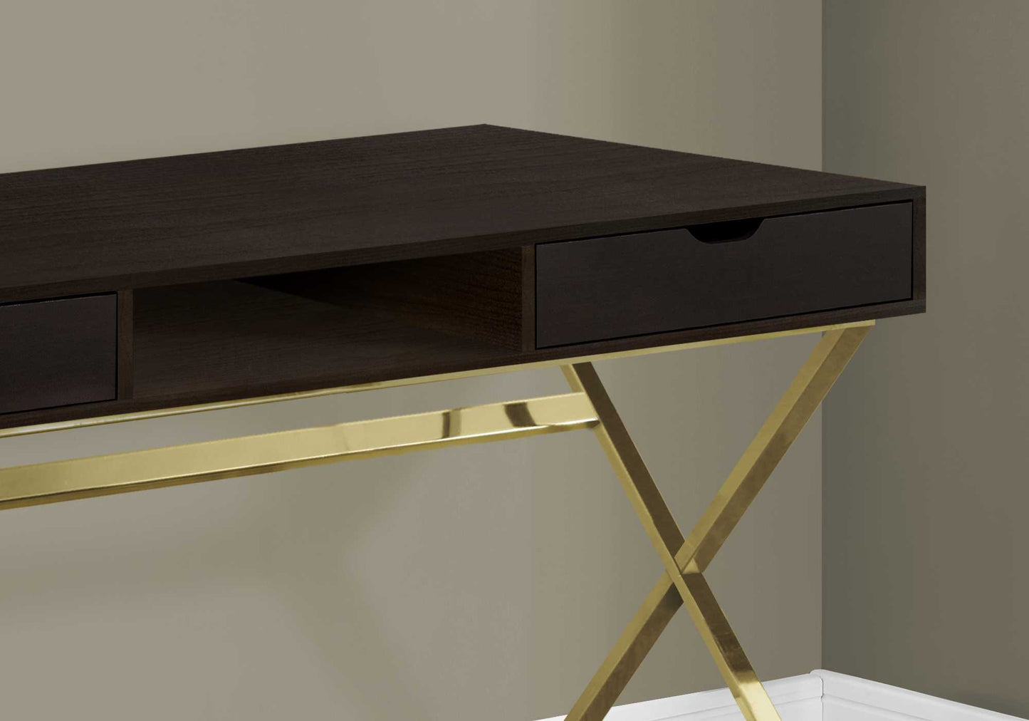 24" Dark Brown and Gold Computer Desk With Two Drawers