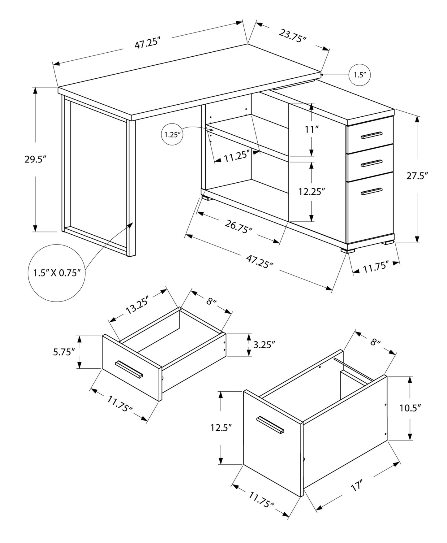 47" Taupe and Silver L Shape Computer Desk With Three Drawers