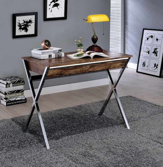 36" Brown and Silver Writing Desk With Two Drawers