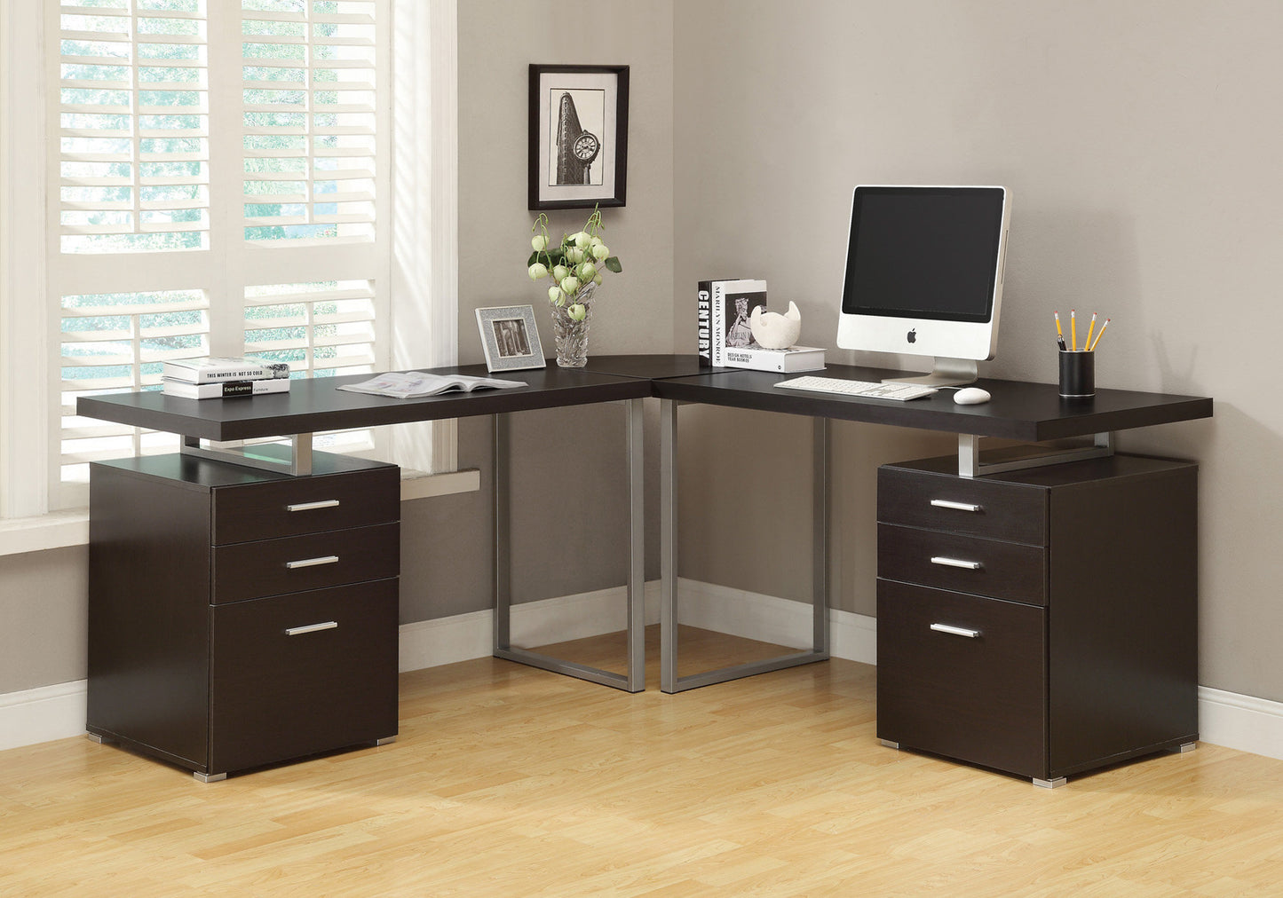 24" Brown and Gray Solid Manufactured Wood Computer Desk With Three Drawers