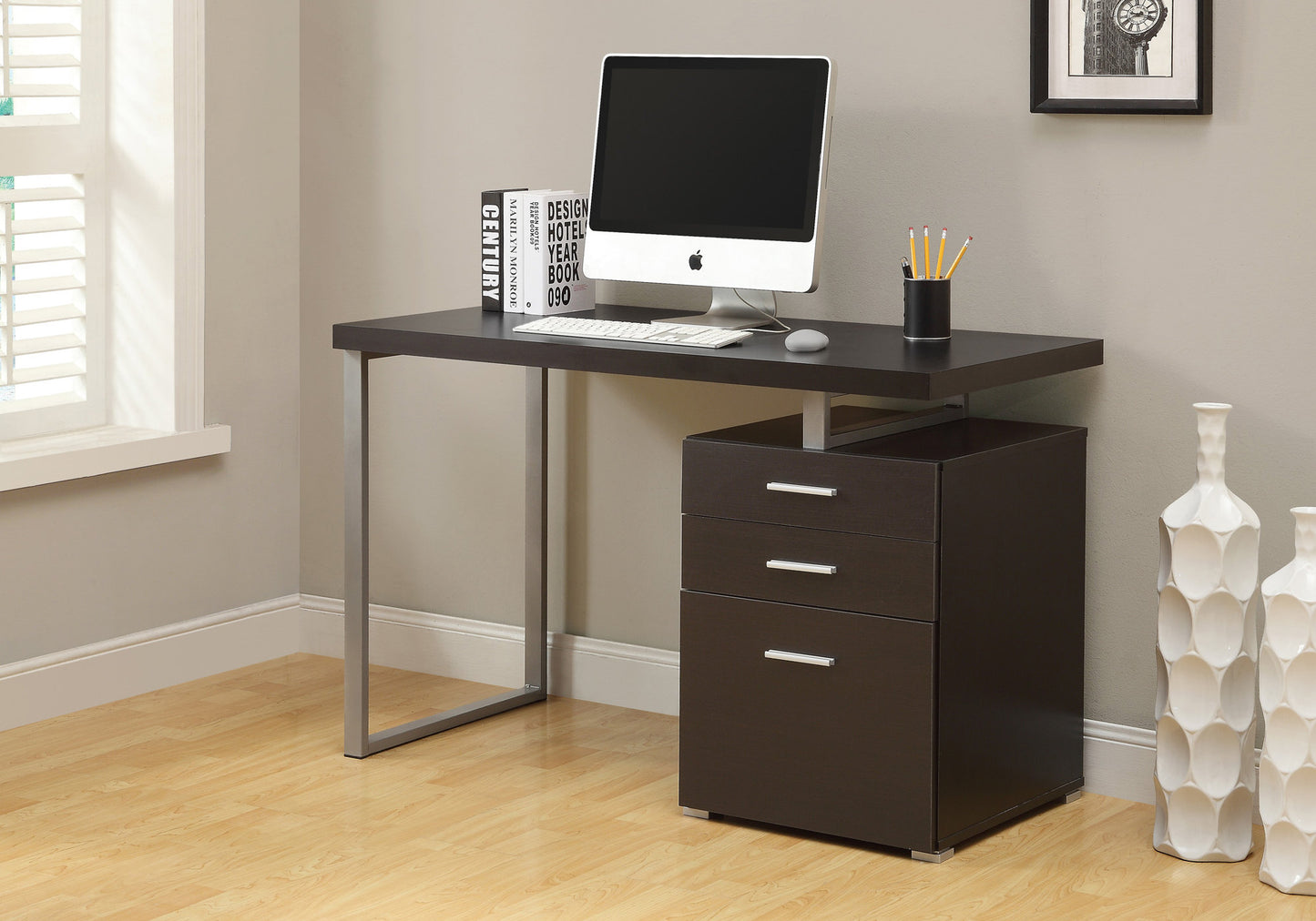 24" Brown and Gray Solid Manufactured Wood Computer Desk With Three Drawers