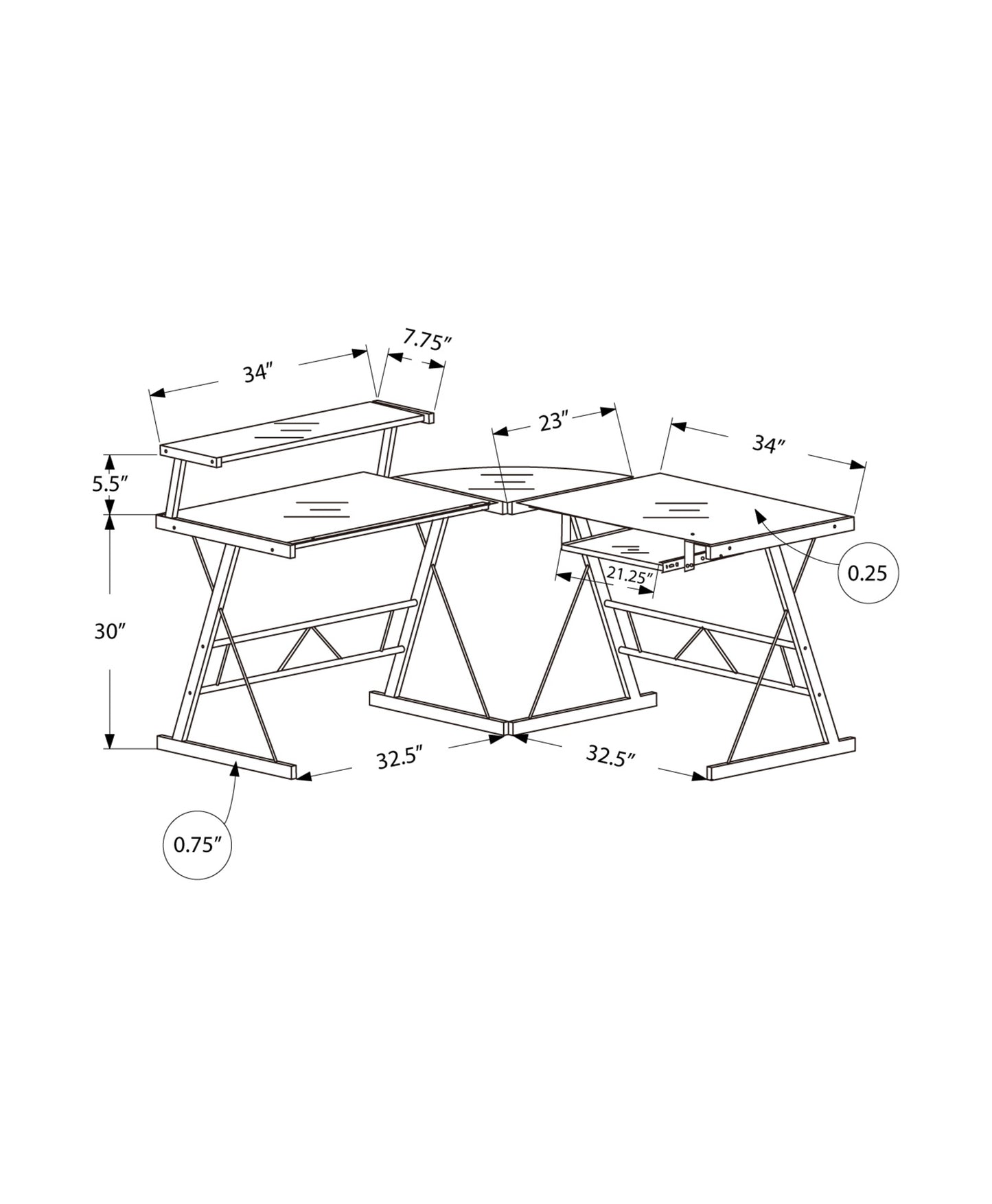 23" Clear and Black Glass L Shape Computer Desk