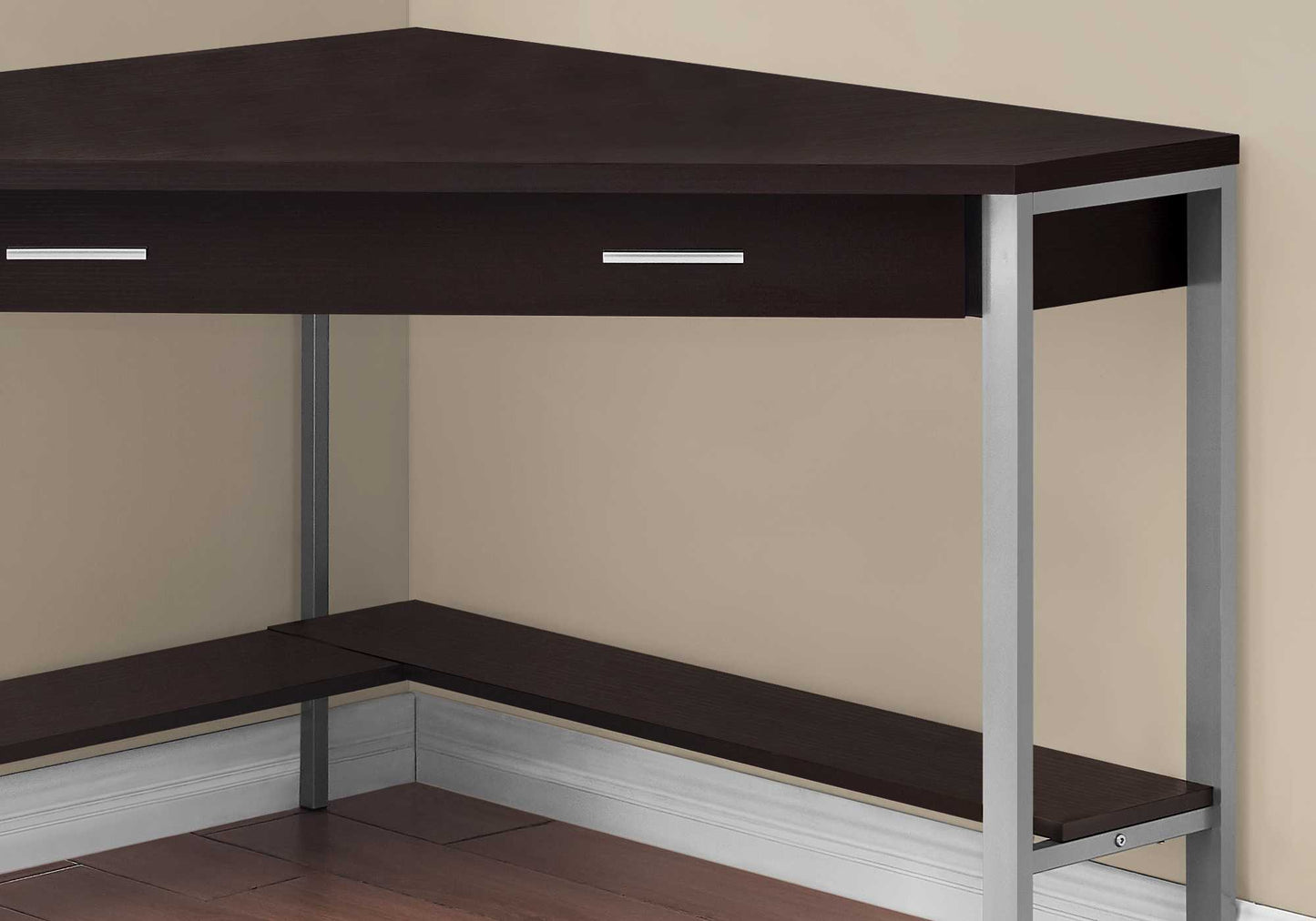 42" Dark Brown and Silver Corner Computer Desk