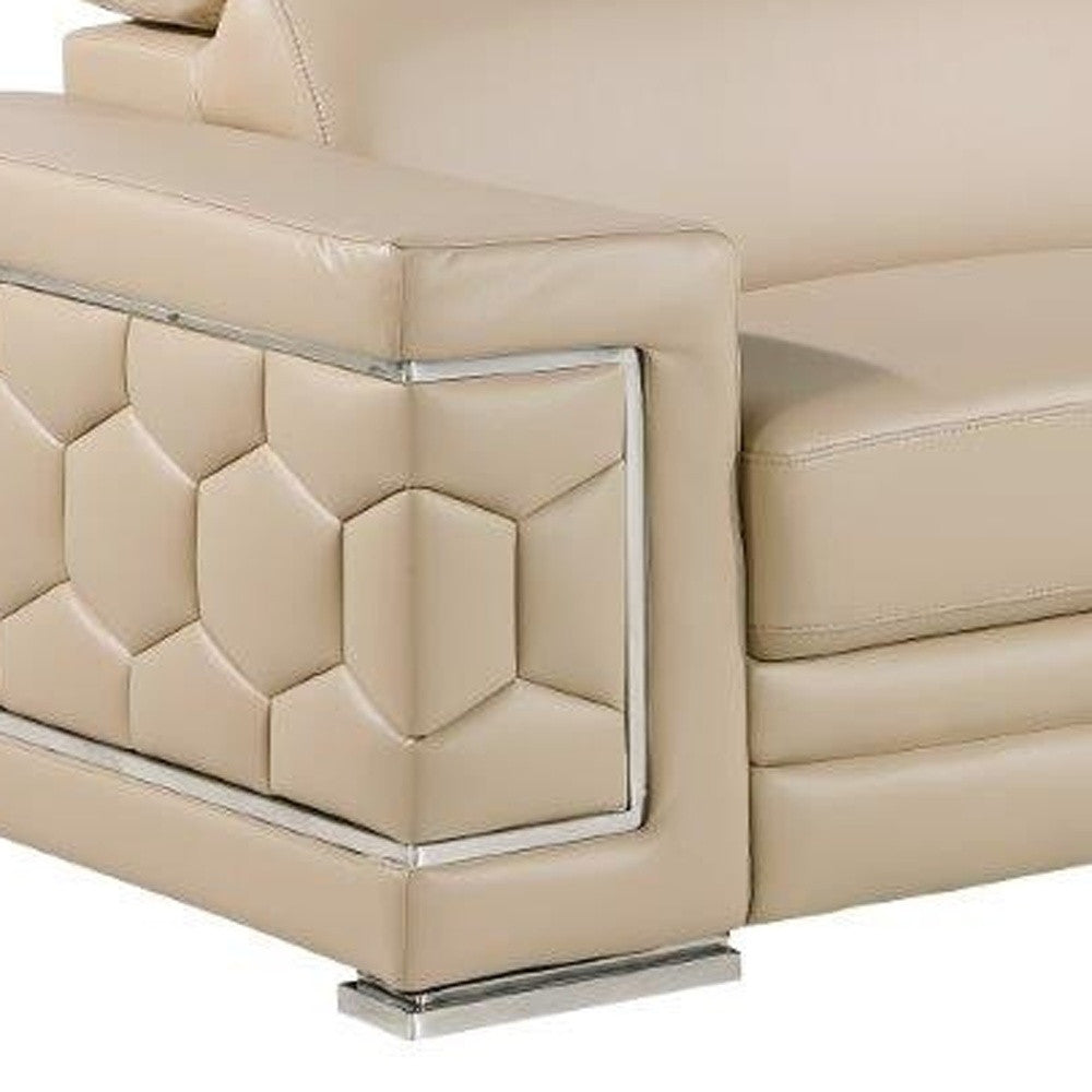 89" Beige And Silver Leather Sofa