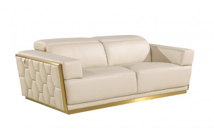 89" Beige And Gold Leather Sofa