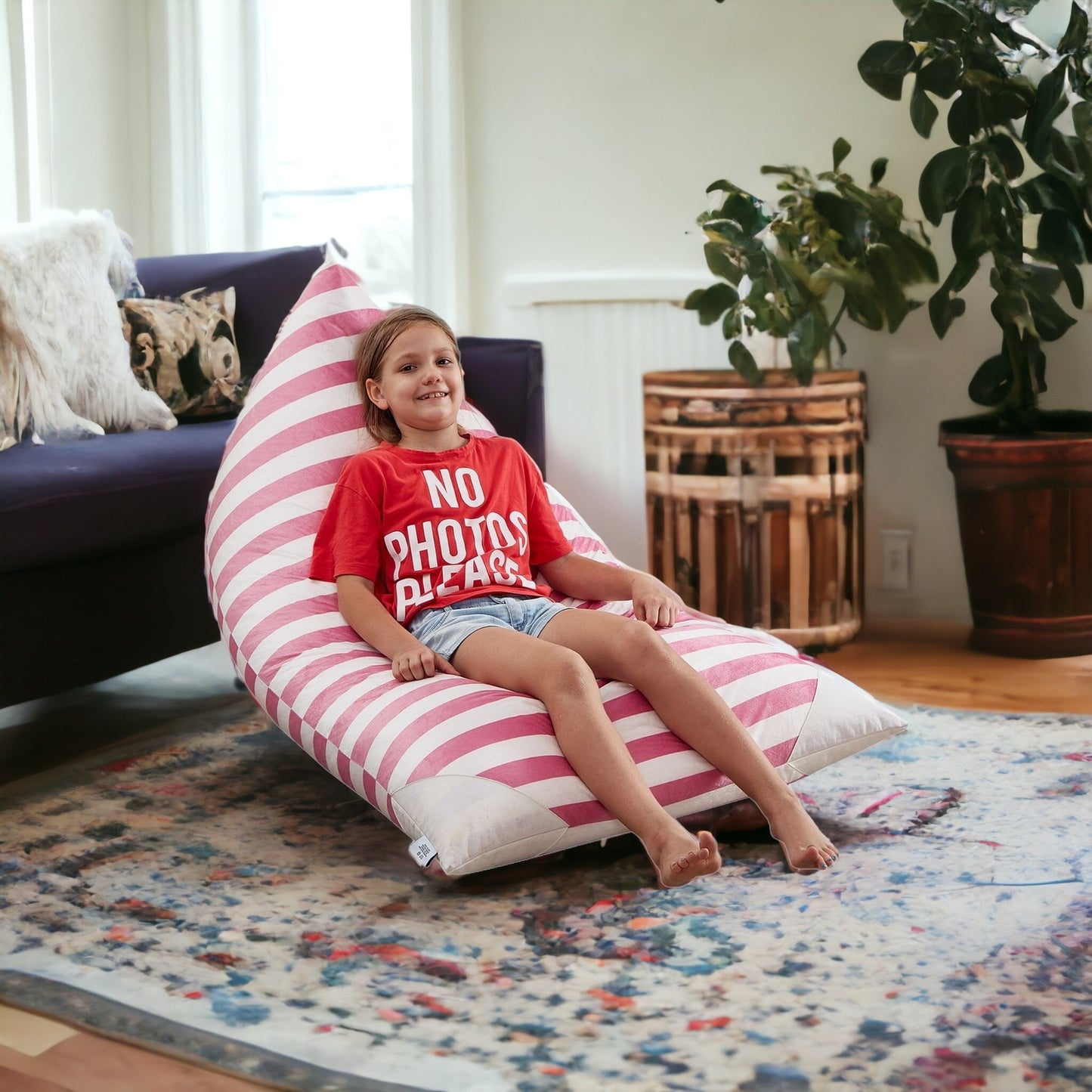 35" Pink and White Microfiber Specialty Striped Pouf Cover