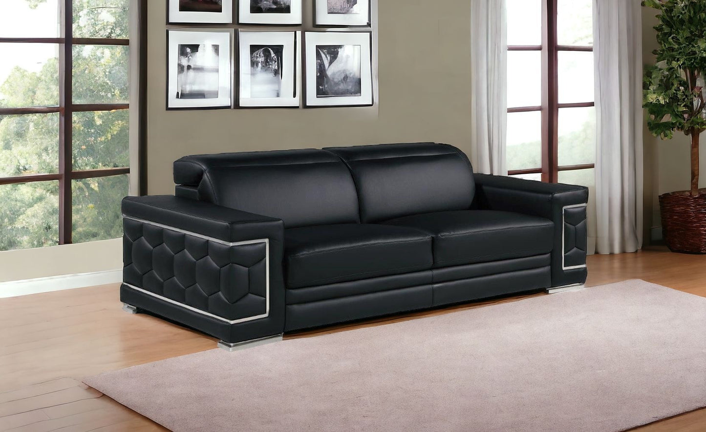 89" Black And Silver Leather Sofa