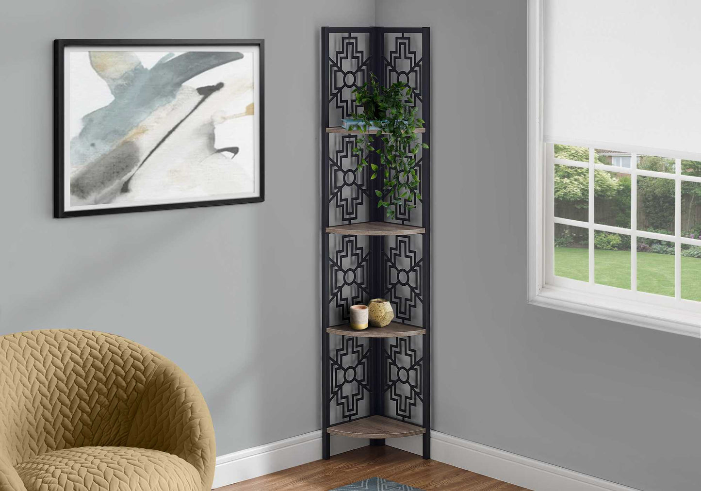 62" Dark Taupe Metal Corner Bookcase