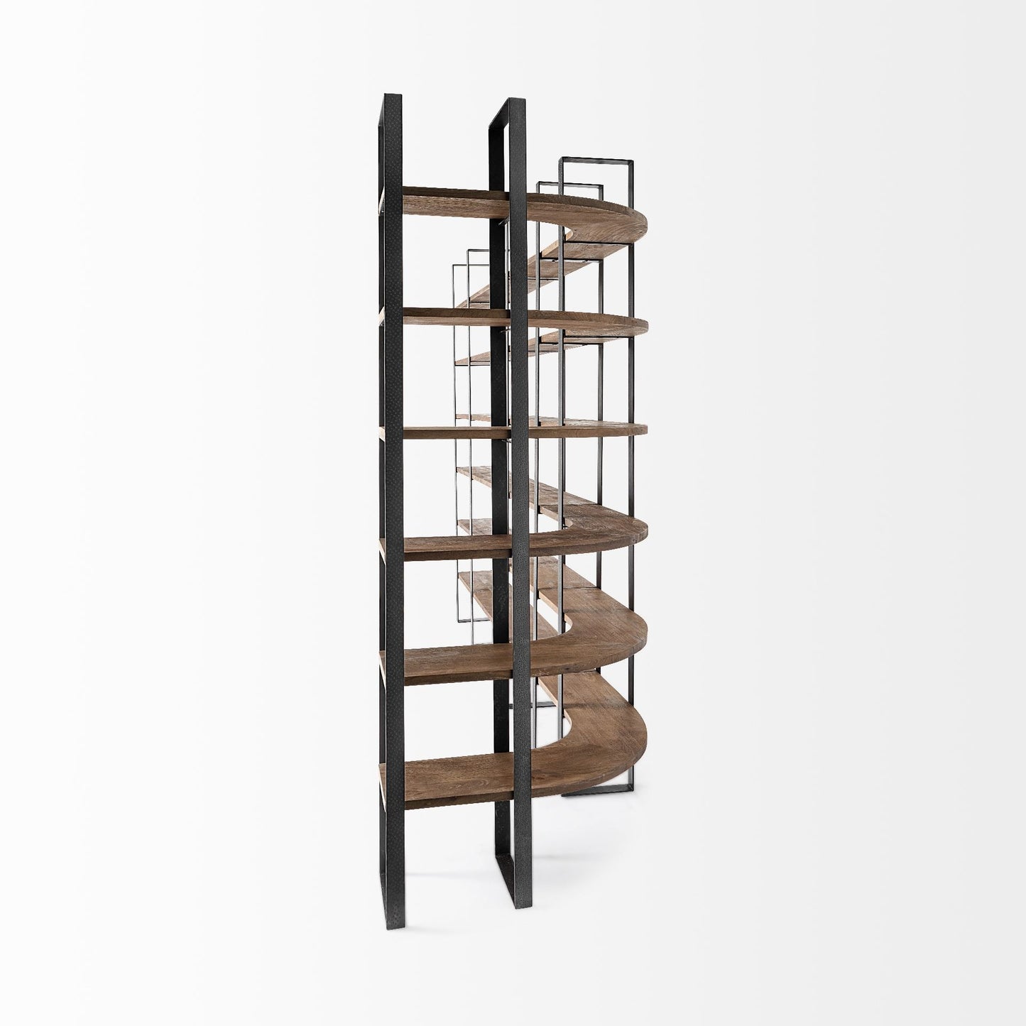 90" Brown Iron and Solid Wood Six Tier Bookcase