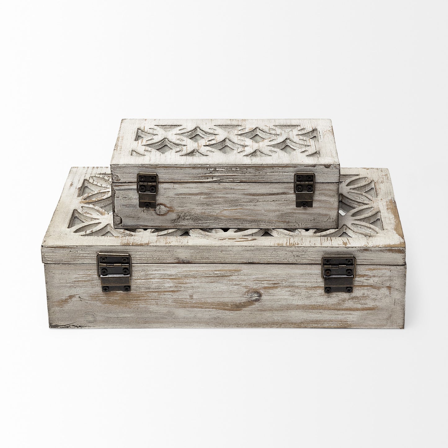 Set Of Two Distressed White Wooden Boxes