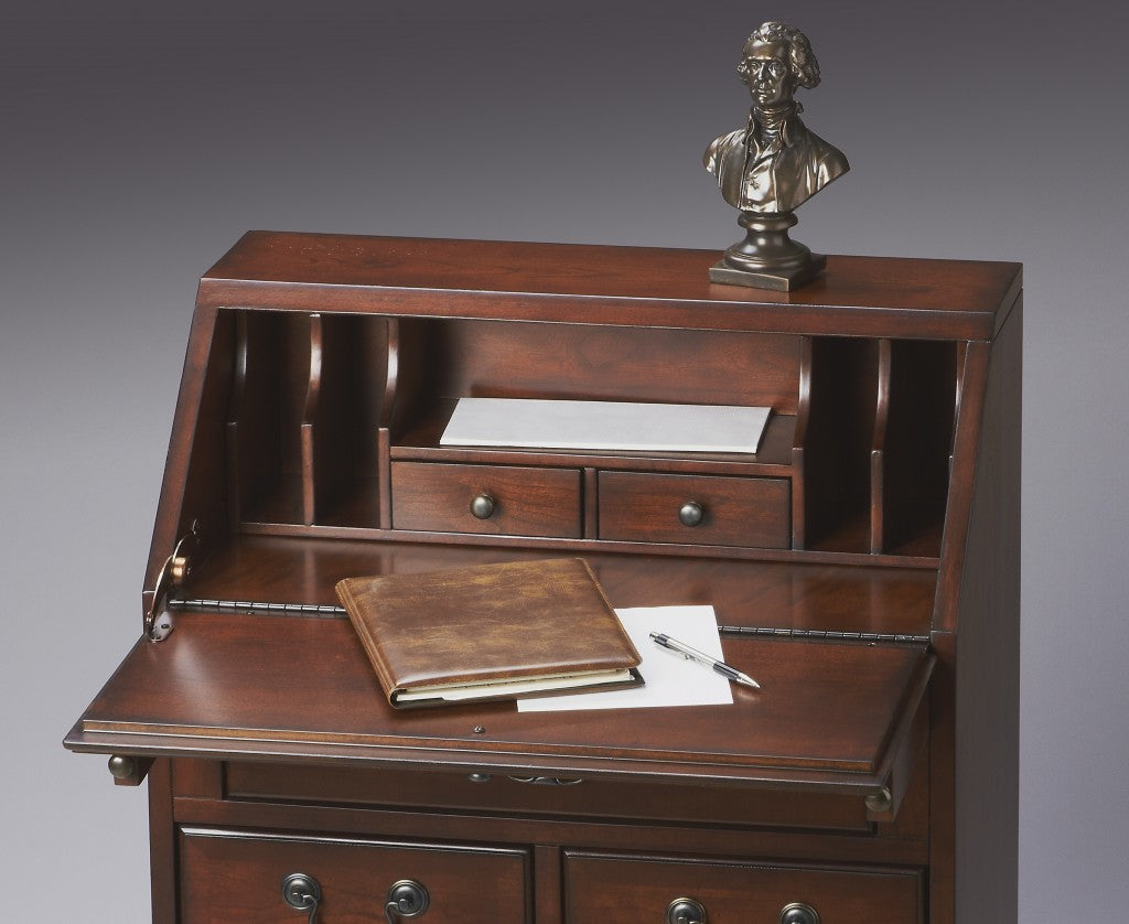 26" Brown Rubberwood Wood Secretary Desk With Five Drawers