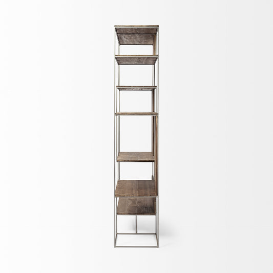 Brown Wood And Silver Metal Frame With 6 Shelf Shelving Unit