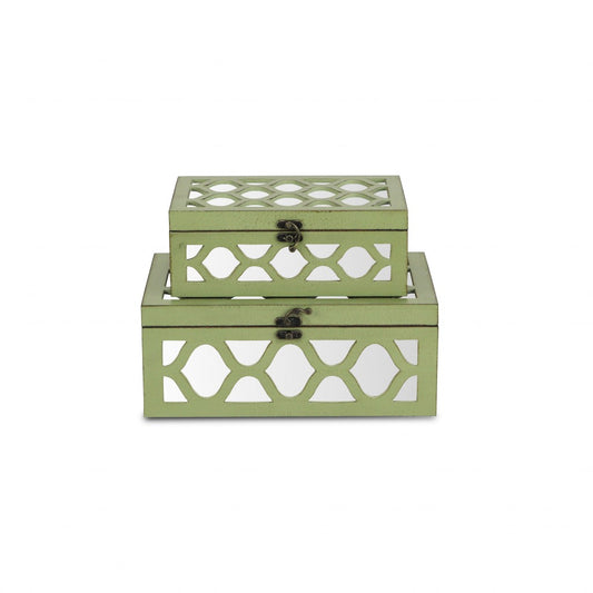 Set of Green Quatrefoil Mirror Jewelry Storage Boxes