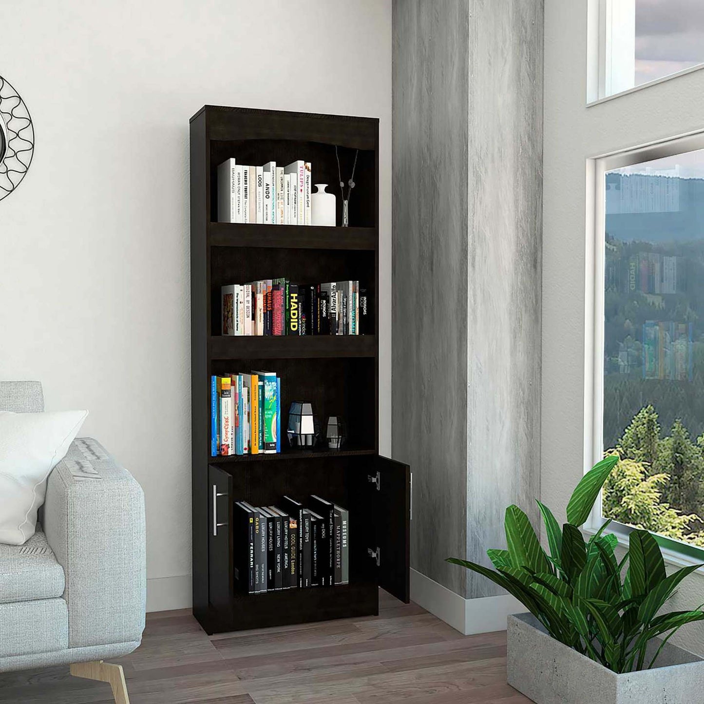 71" Light Gray Three Tier Bookcase with Two doors