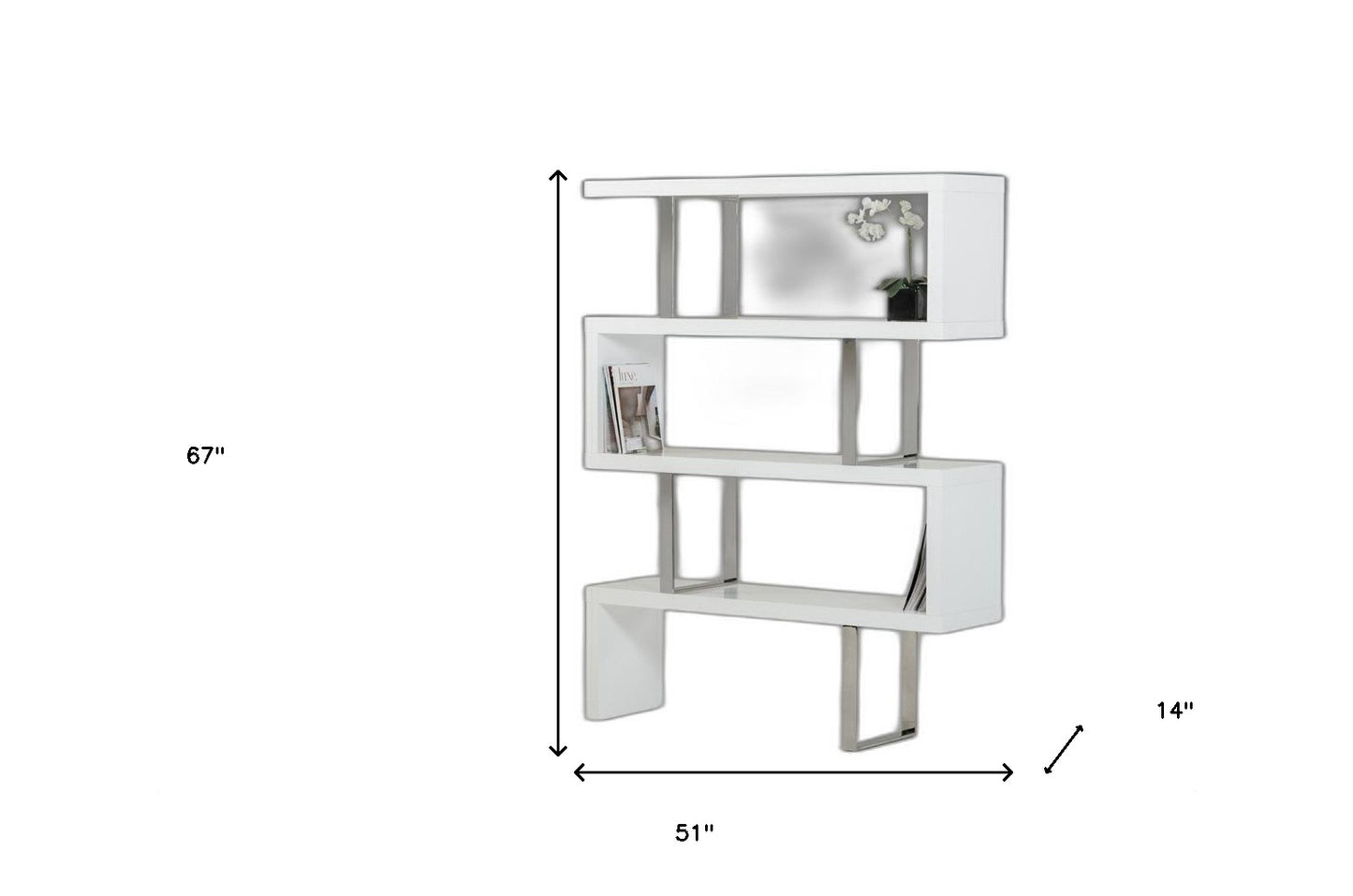 67" White Stainless Steel Four Tier Geometric Bookcase