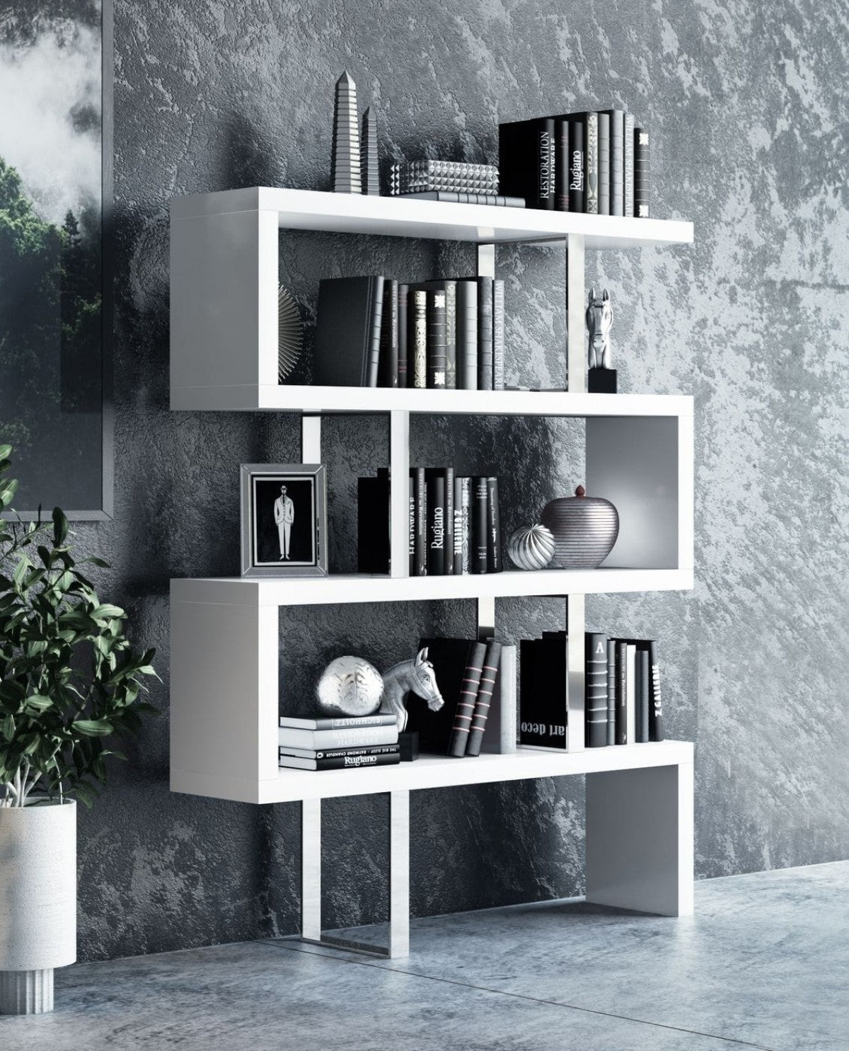 67" White Stainless Steel Four Tier Geometric Bookcase