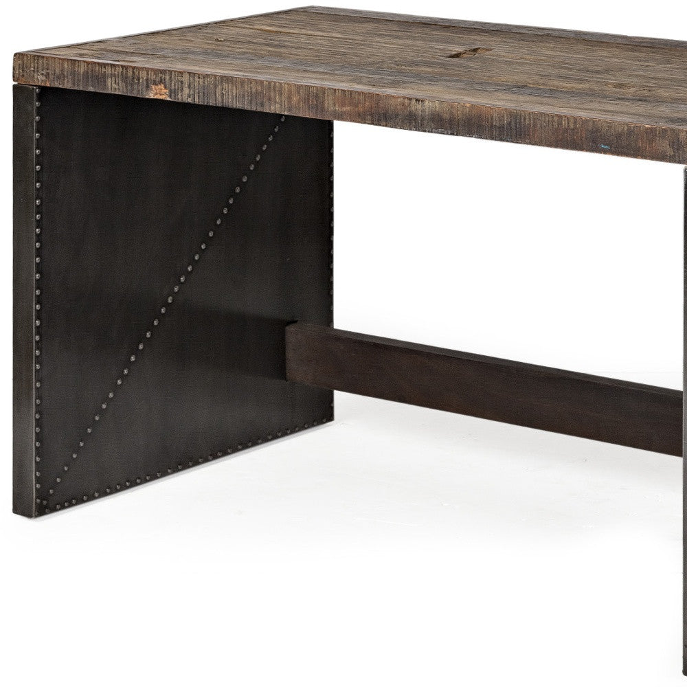 Dark Brown Solid Reclaimed Wood Office Desk With Metal Cladded Frame