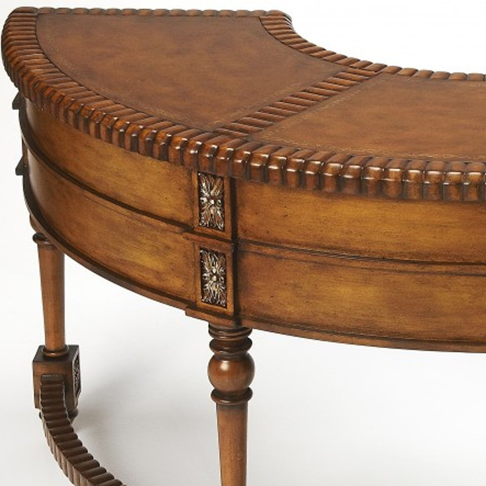 Hand Carved Leather Top Crescent Shape Desk