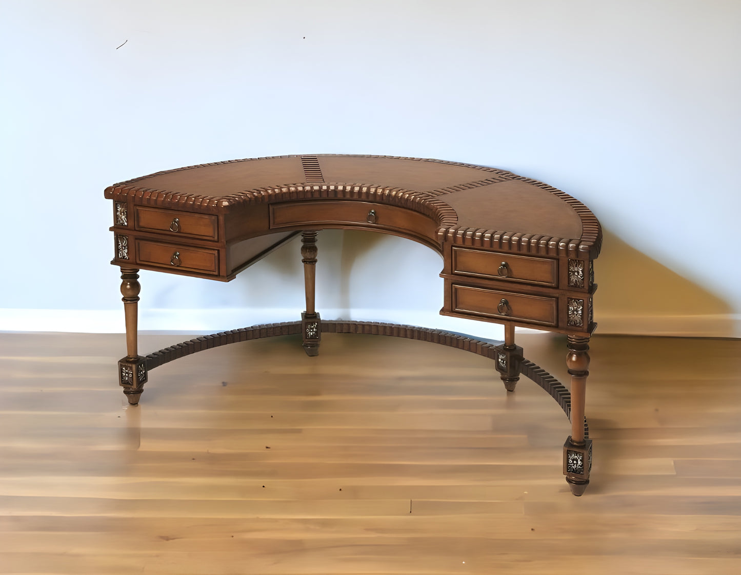 Hand Carved Leather Top Crescent Shape Desk