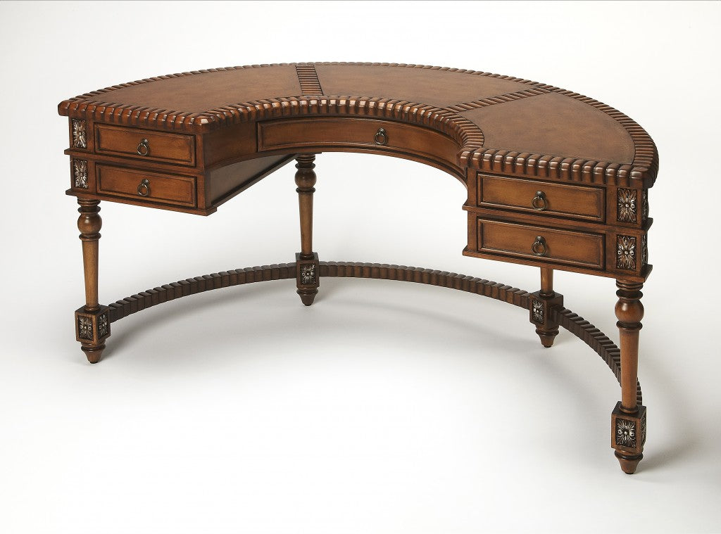 Hand Carved Leather Top Crescent Shape Desk