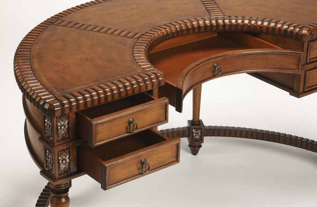 Hand Carved Leather Top Crescent Shape Desk