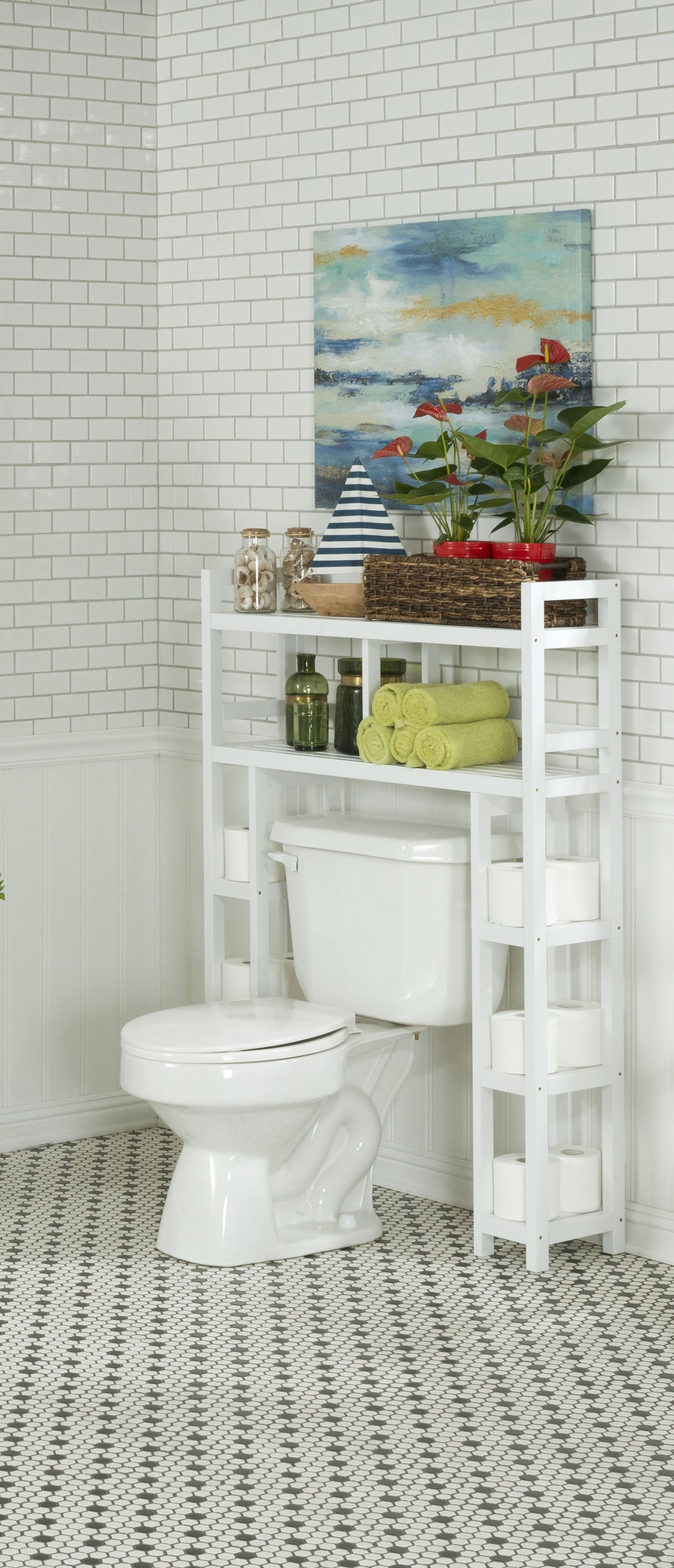 White Finish 2 Tier Solid Wood Over Toilet Organizer