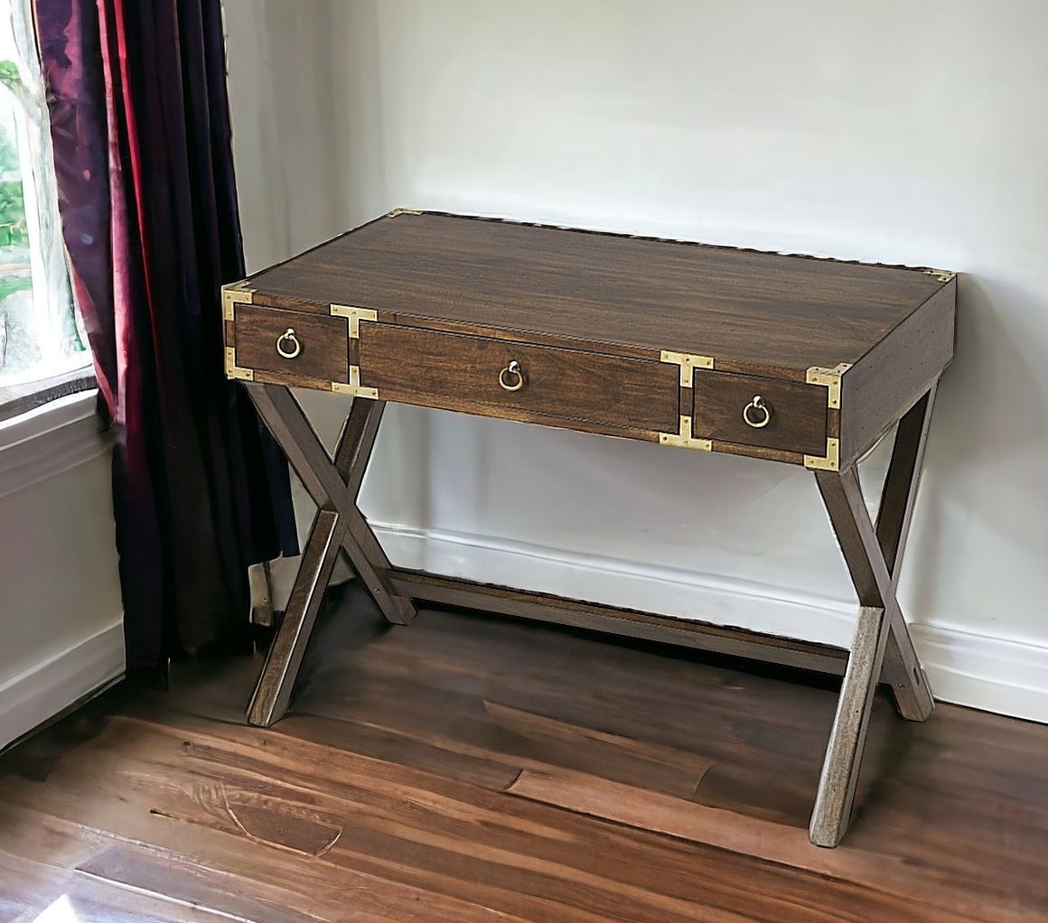 40" Dark Brown Mango Wood Writing Desk With Three Drawers