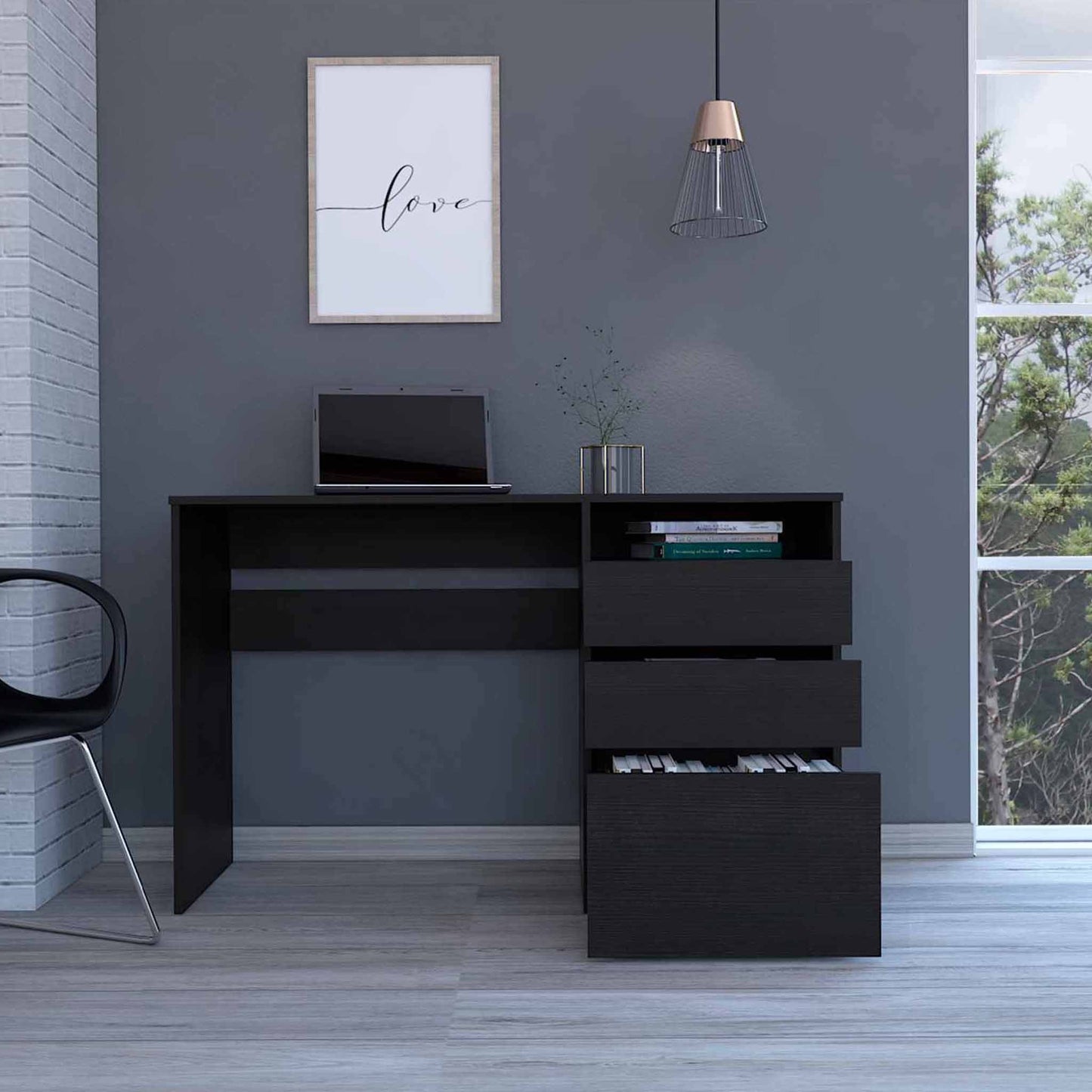 47" Black Computer Desk With Three Drawers