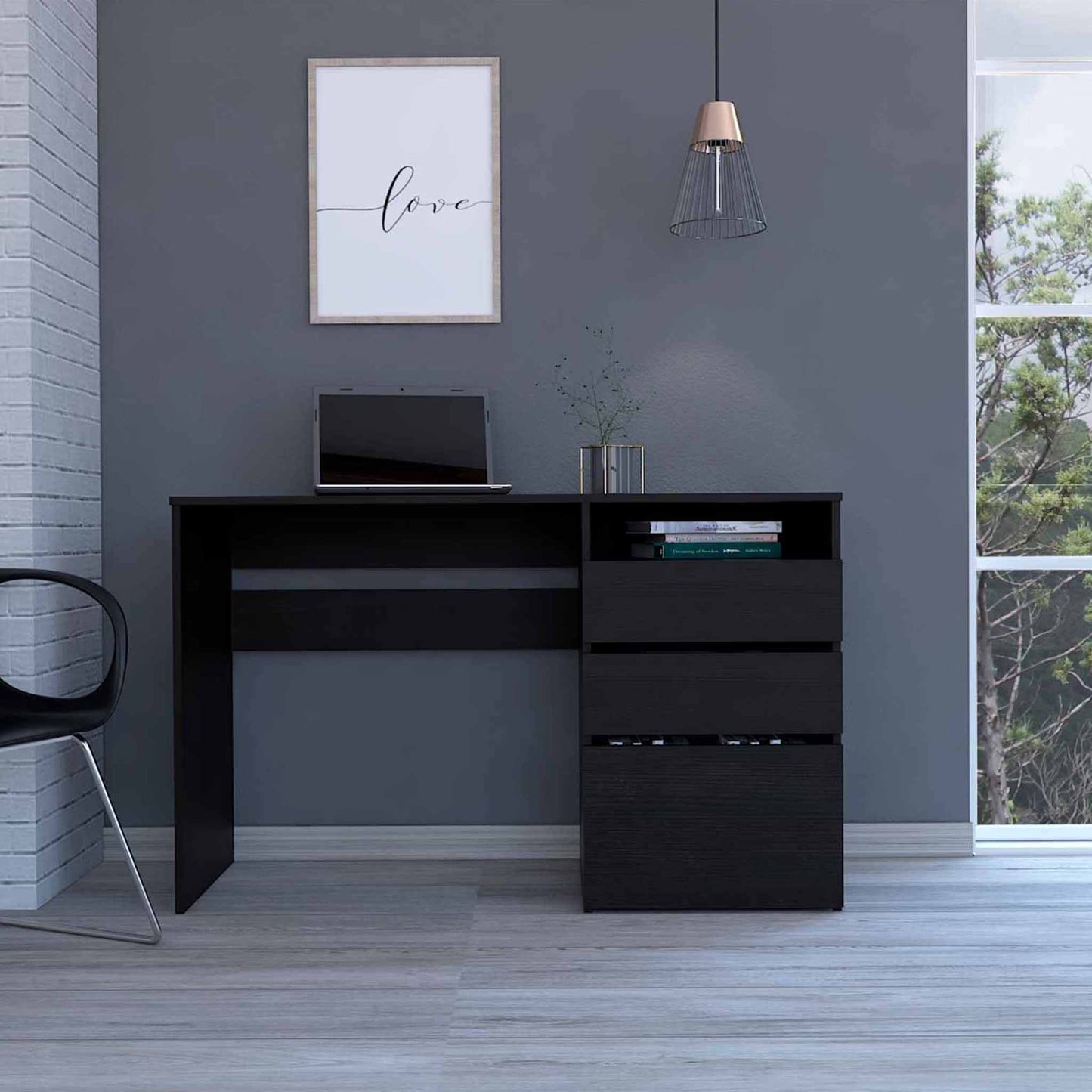 47" Black Computer Desk With Three Drawers