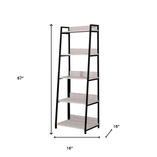 67" Natural and Black Metal Five Tier Ladder Bookcase