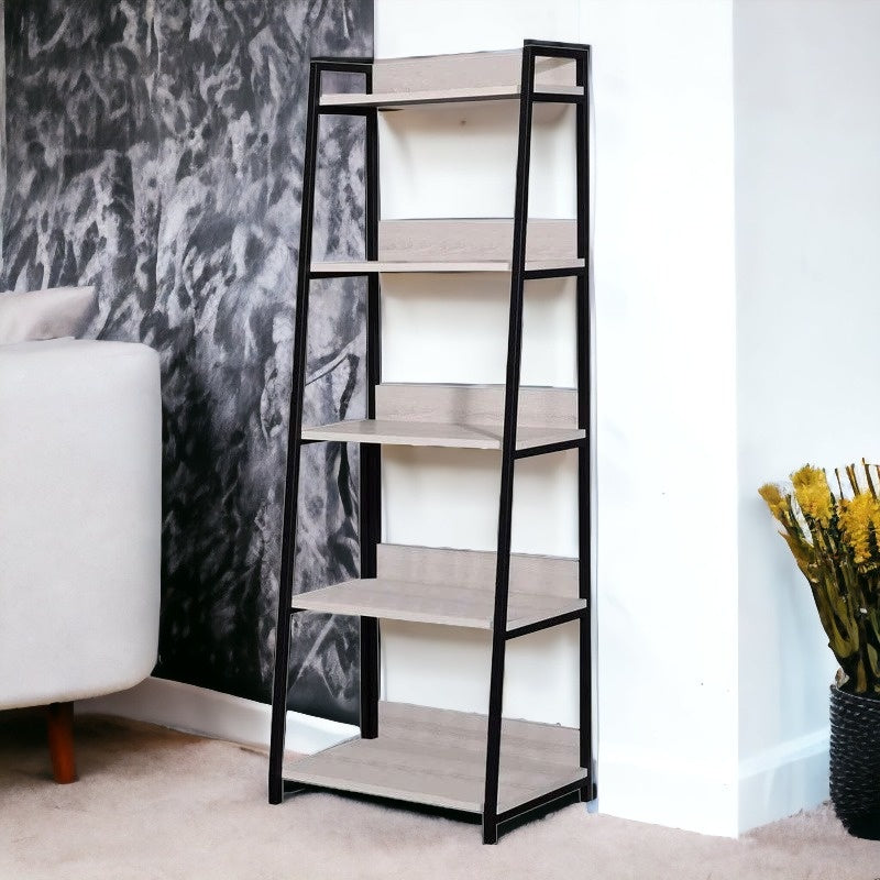 67" Natural and Black Metal Five Tier Ladder Bookcase