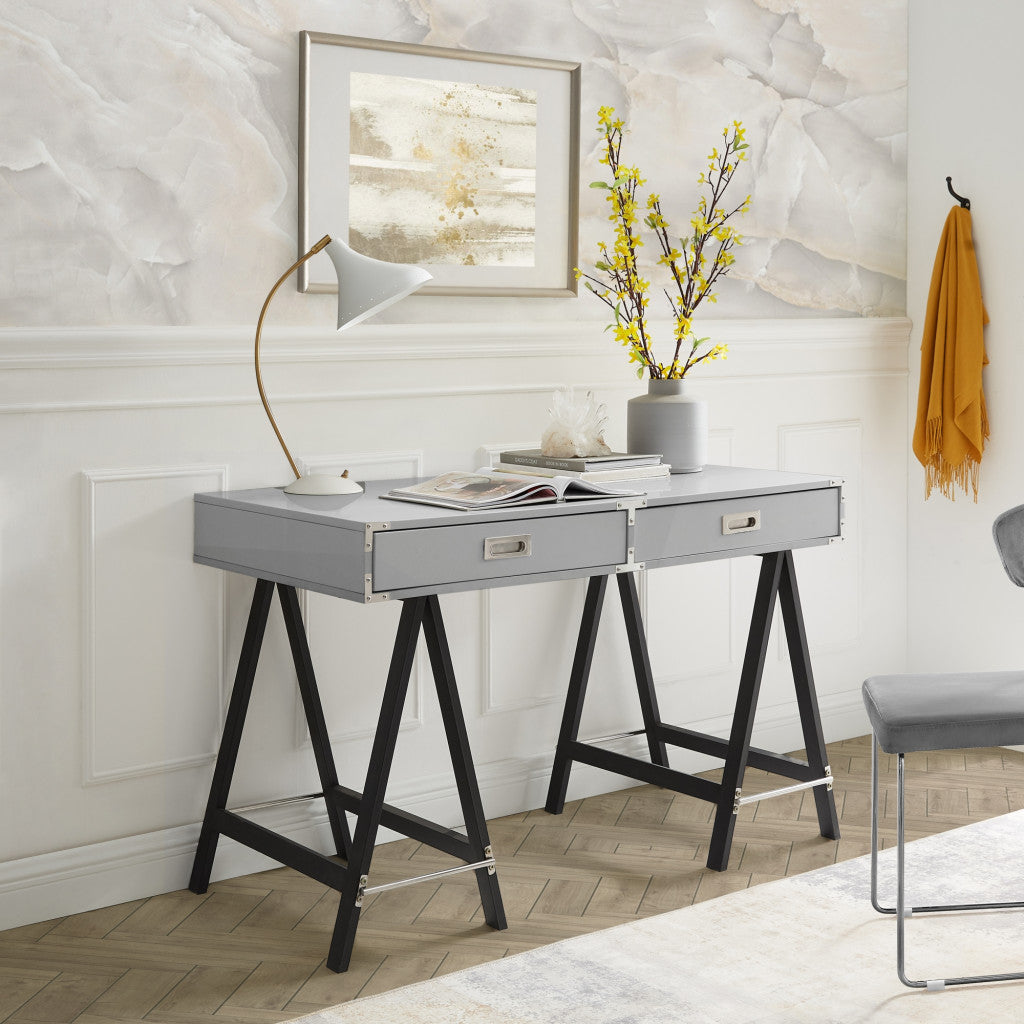 47" Light Gray and Black Writing Desk With Two Drawers