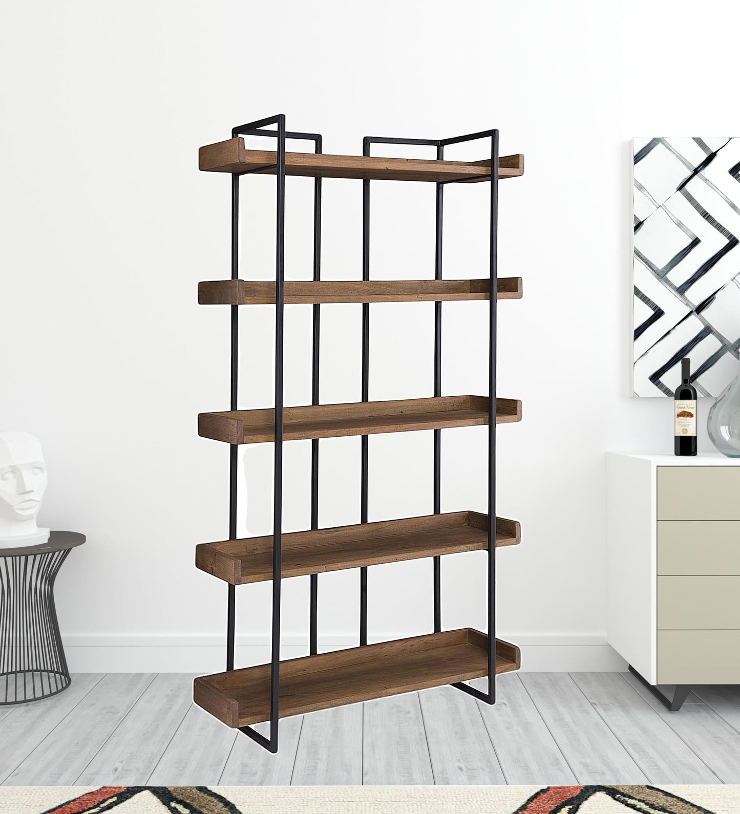 75" Light Brown Solid Wood and Metal Five Tier Industrial Bookcase