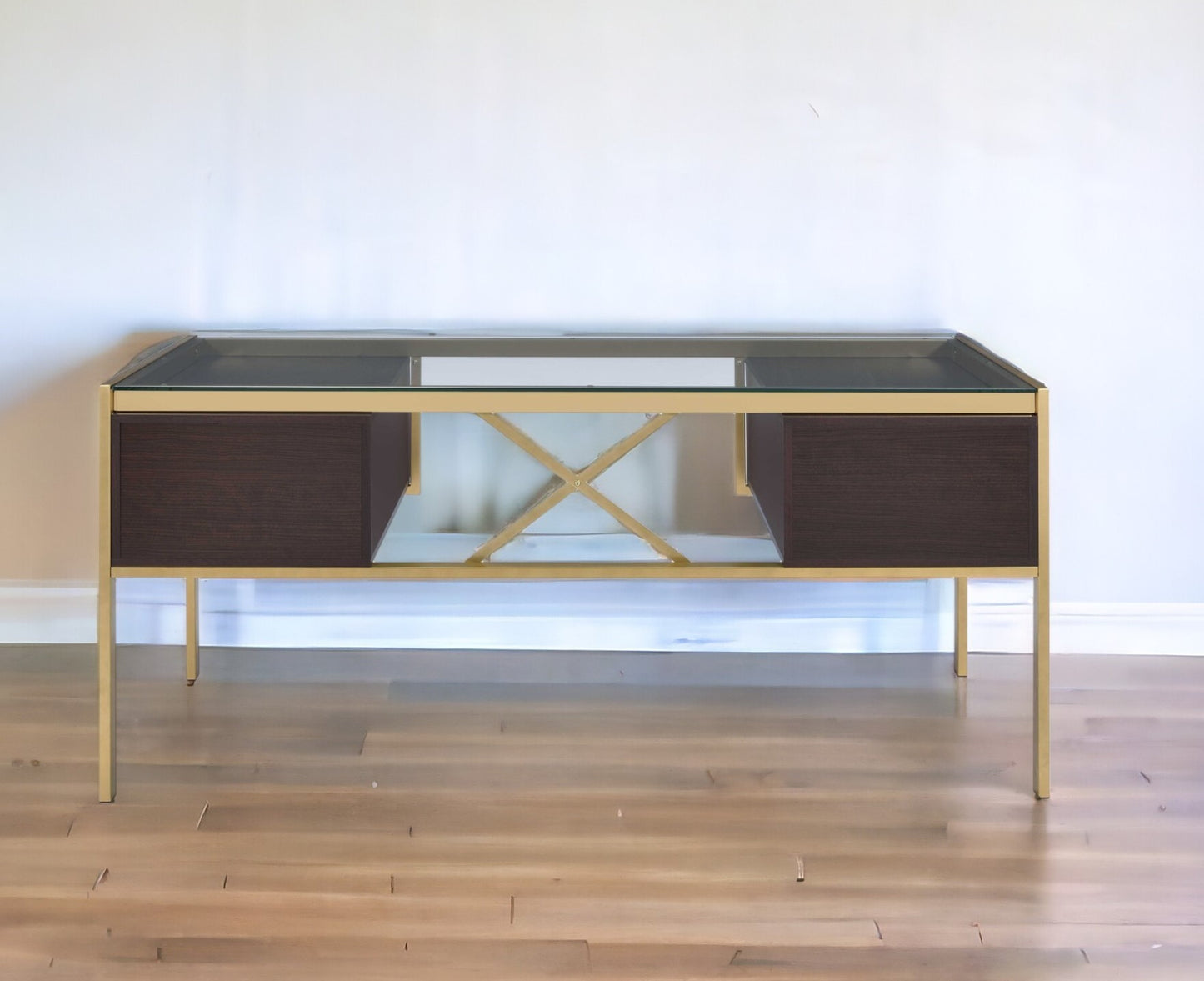 64" Clear and Gold Glass Writing Desk With Four Drawers