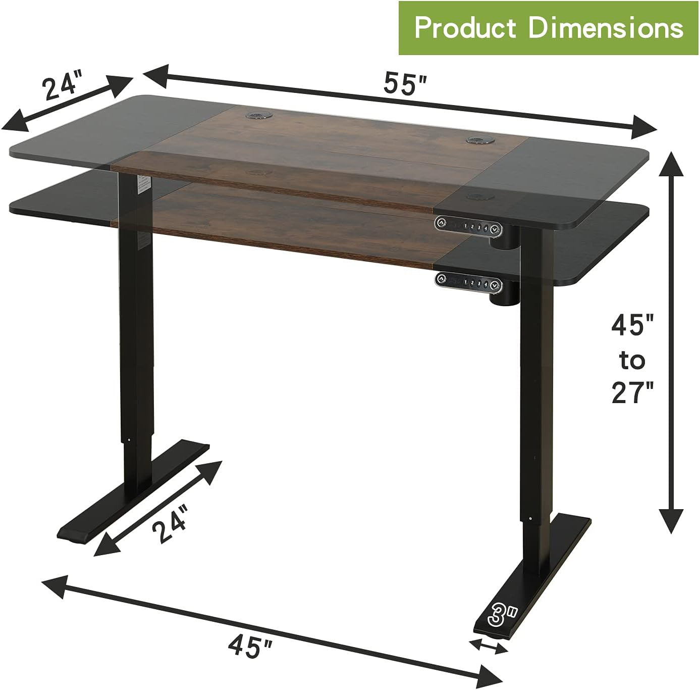 55" Adjustable Brown And Black And Black Standing Desk