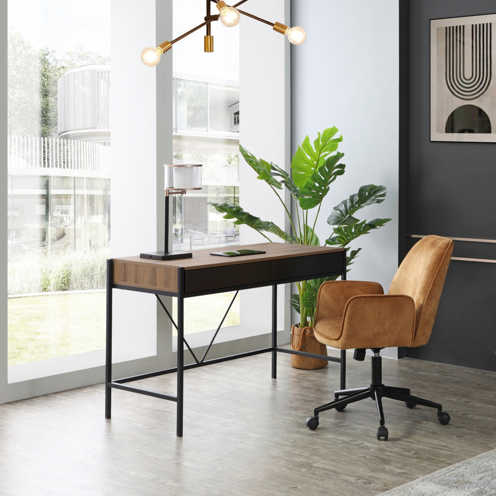 43" Wood Brown and Black Writing Desk With Two Drawers