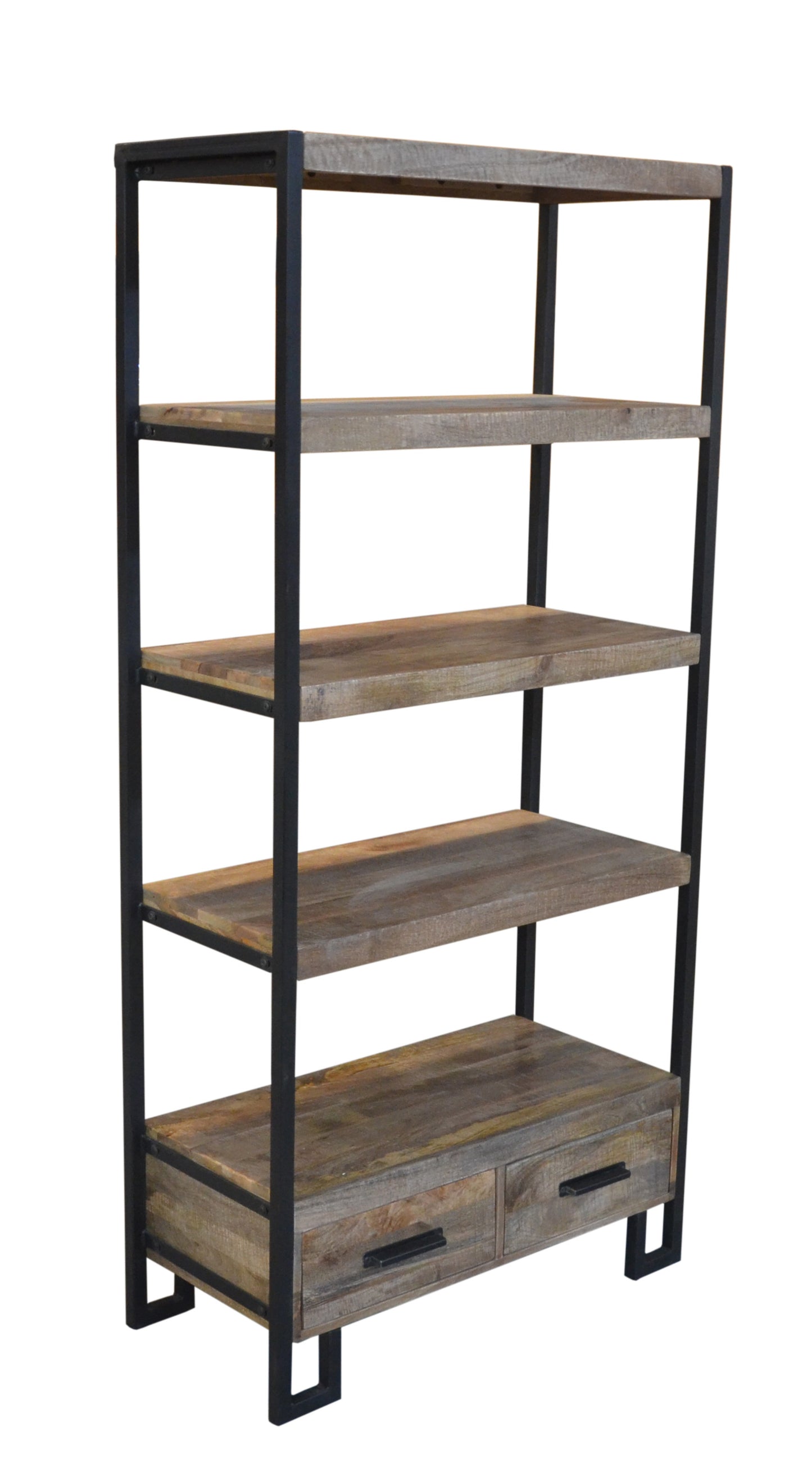 71" Distressed Solid Wood Four Tier Etagere Bookcase with Two Drawers