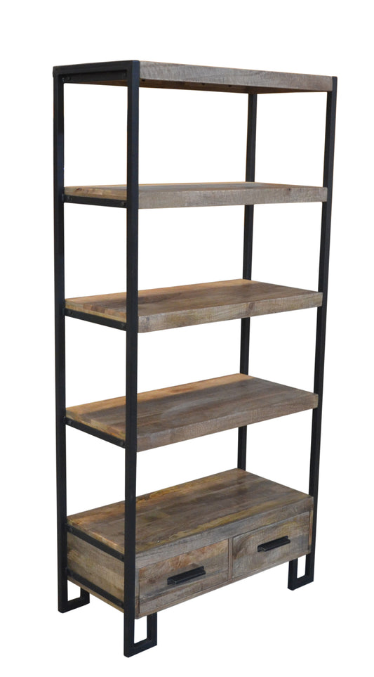 71" Distressed Solid Wood Four Tier Etagere Bookcase with Two Drawers