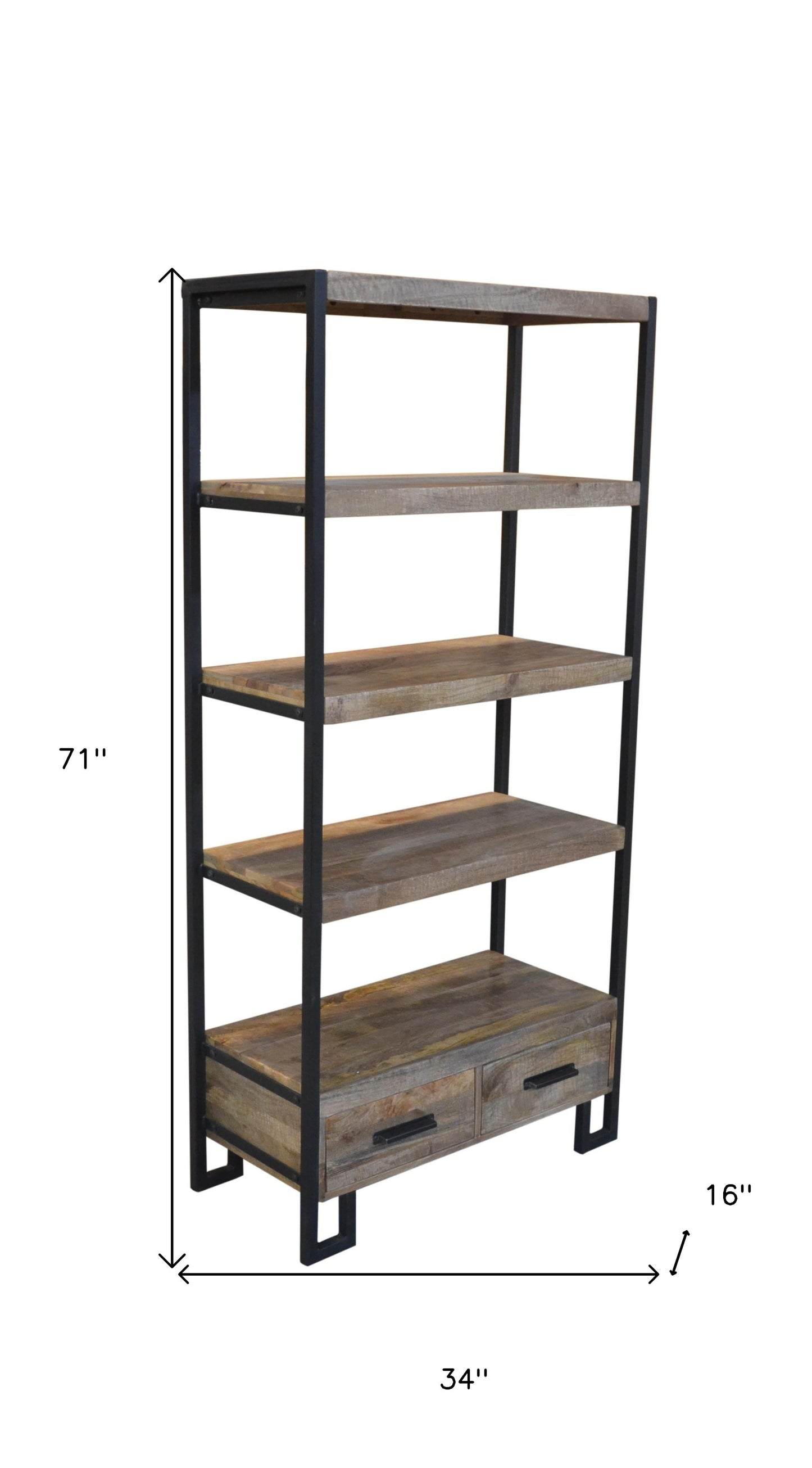 71" Distressed Solid Wood Four Tier Etagere Bookcase with Two Drawers