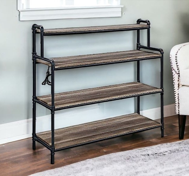 43" Antique Oak And Black Metal Four Tier Bookcase with USB Port