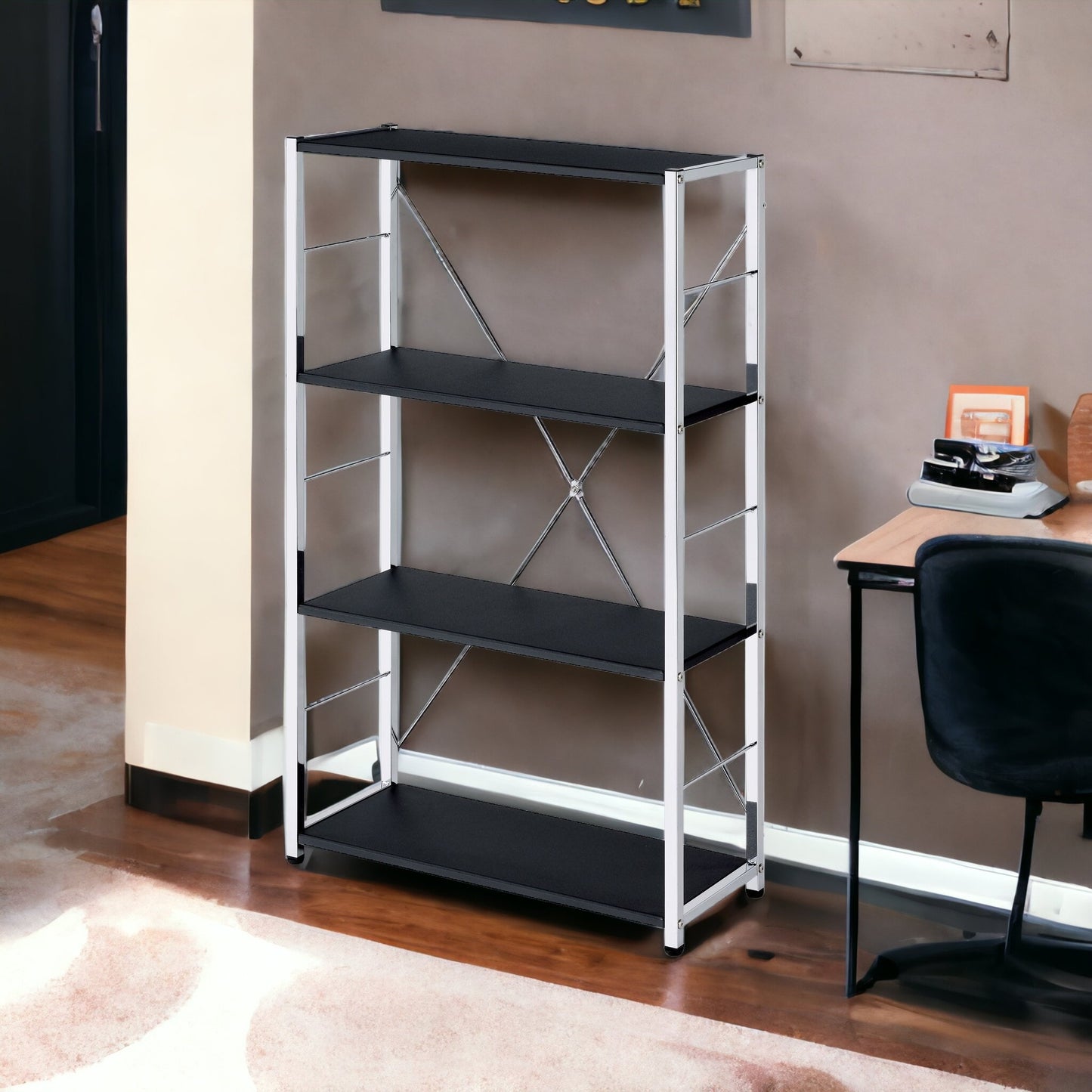 42" Black and Silver Metal Four Tier Etagere Bookcase