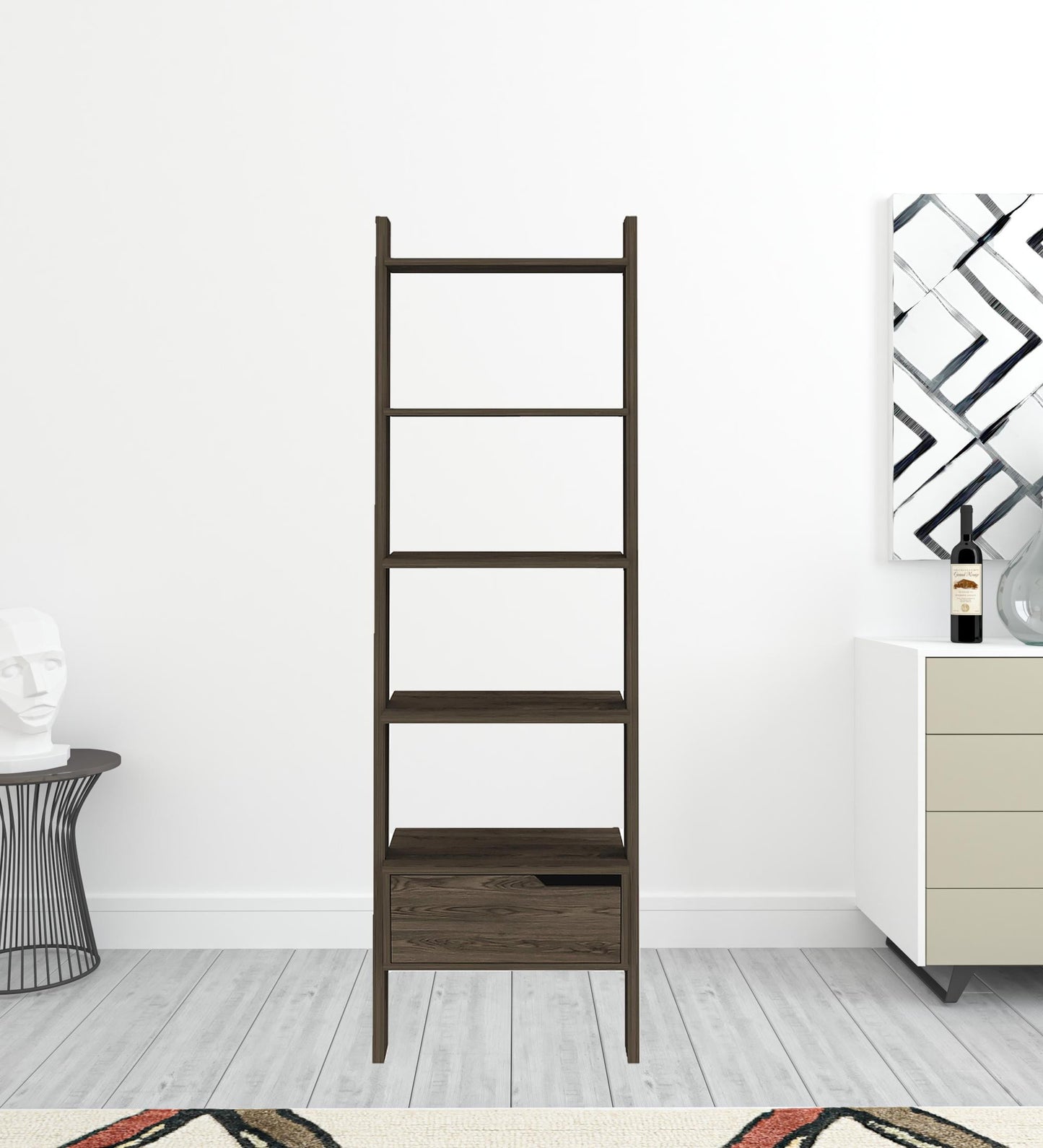 70" Five Tier Ladder Bookcase with A Drawer