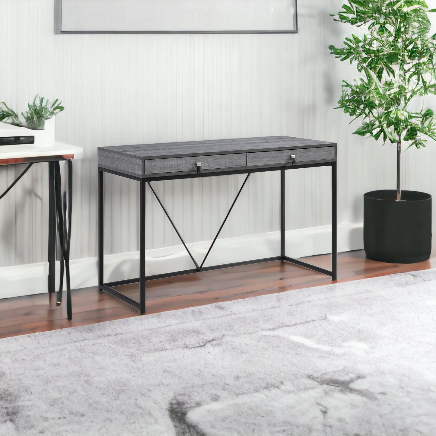 47" Gray and Black Writing Desk With Two Drawers