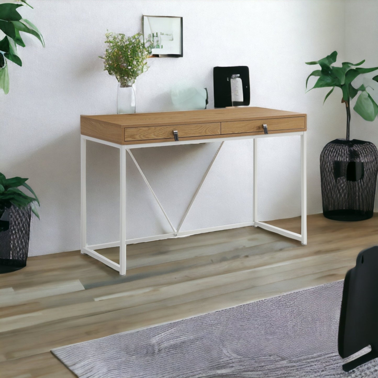 47" Natural and White Writing Desk With Two Drawers