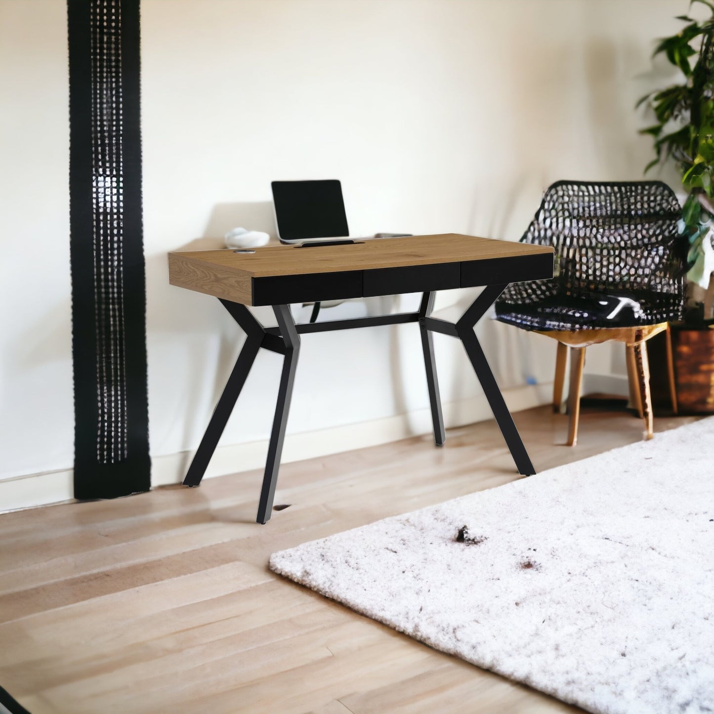 43" Natural and Black Writing Desk With Three Drawers