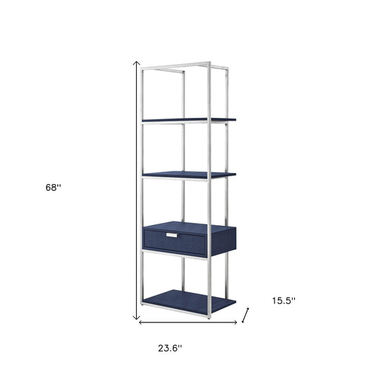 68" Navy Blue Stainless Steel Four Tier Etagere Bookcase with a drawer