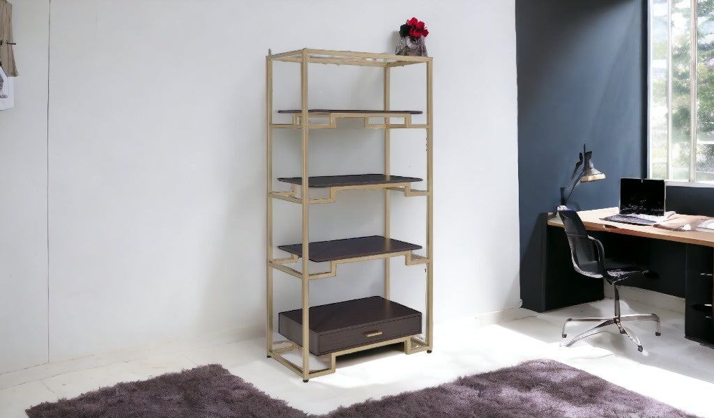 78" Gold and Black Metal Four Tier Etagere Bookcase with a Drawer