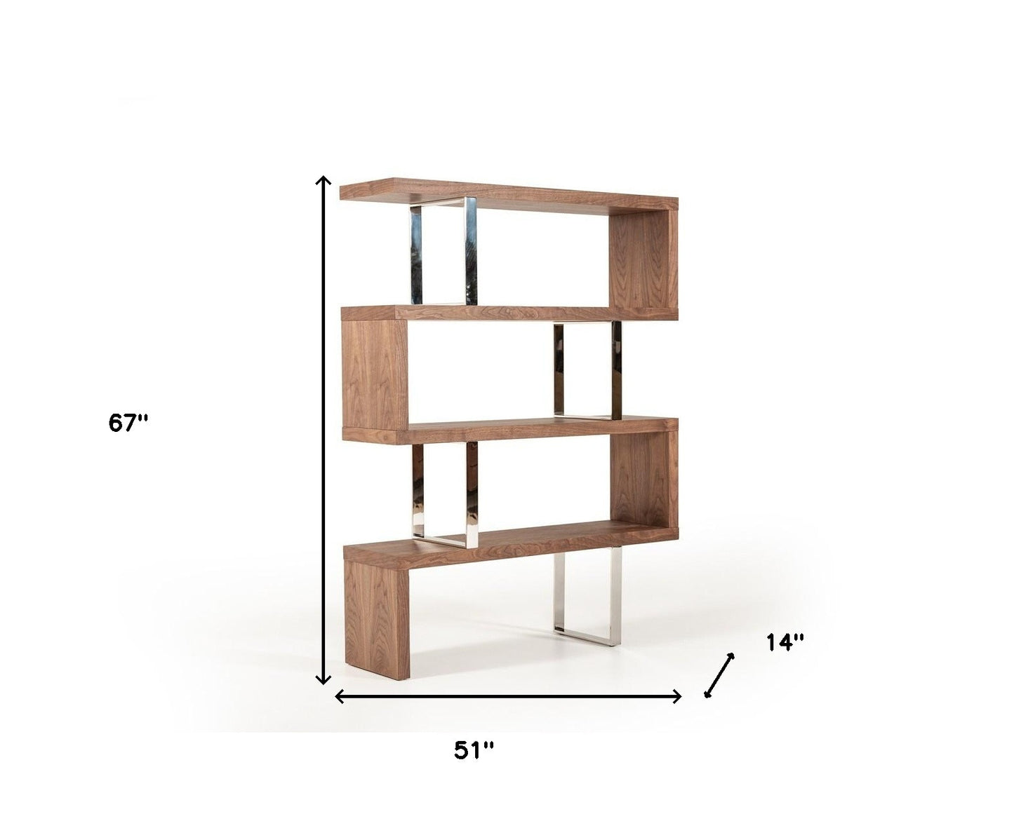 67" Walnut Manufactured Wood Four Tier Zig Zag Bookcase